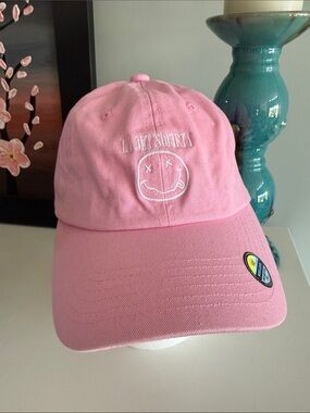 Pink Dad Hat with White Embroidered Smiley